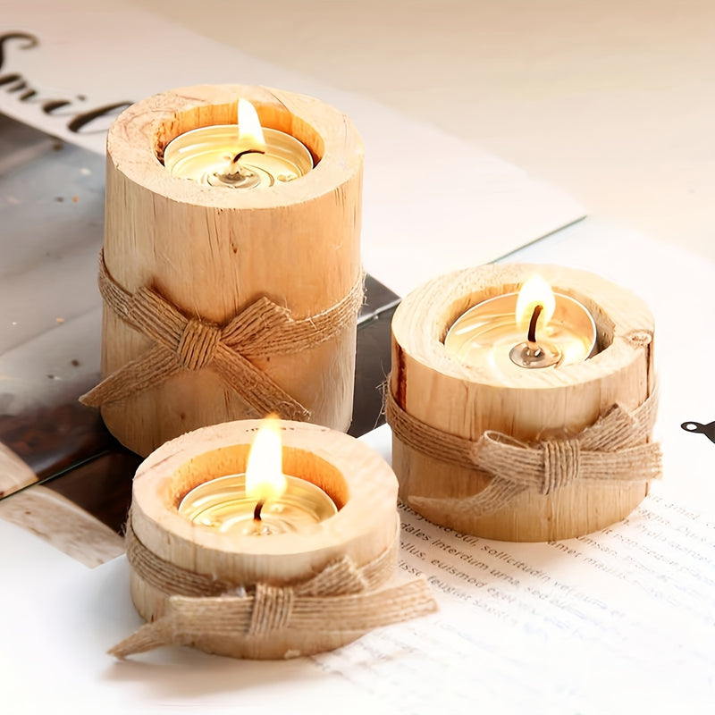 Juego de 3 Portavelas de Madera Pulida Hechos a Mano - Velas de Madera Rústica para Decoración de Fiestas y Cenas a la Luz de Velas en Casa