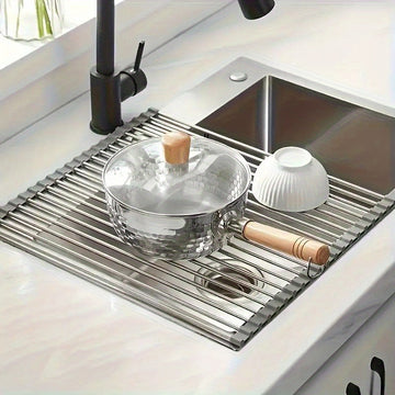 1 unidad de rejilla de drenaje plegable de acero inoxidable, rejilla de filtro de agua, persiana enrollable de fregadero, tazón y palillos, estantería para frutas y verduras, estantería de cocina, rejilla de drenaje plegable, gadgets de cocina, utensilio