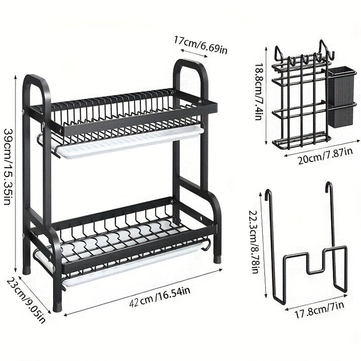 Organizador de cocina de acero inoxidable de 2 niveles con porta utensilios, ahorrador de espacio para platos, tazones y cubiertos (no incluye palas ni tablas)