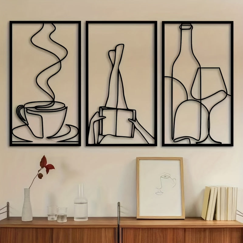 Decoración de pared minimalista de tres piezas para libros metálicos, decoración de pared minimalista para amantes del café, regalo de inauguración
