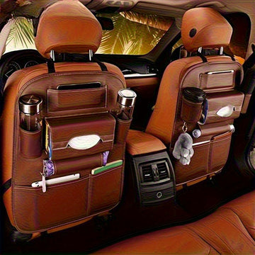 Organizador para asientos traseros de auto en cuero PU premium, con múltiples bolsillos, porta vasos, ganchos y compartimentos de malla, para sedanes, camionetas y SUV – Maximiza el espacio de almacenamiento y mantén tu vehículo ordenado, organizador par