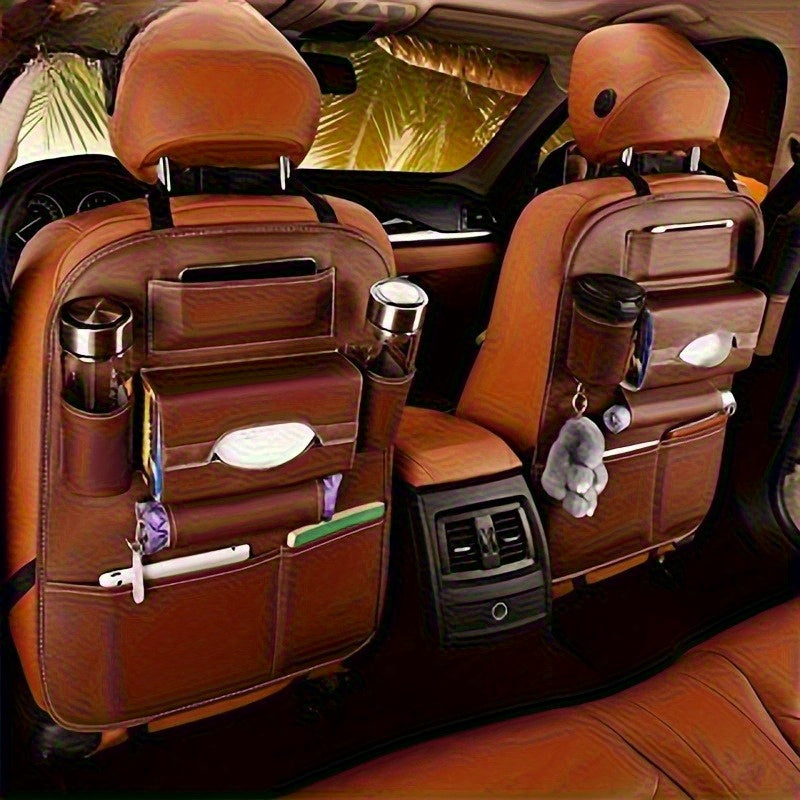Organizador para asientos traseros de auto en cuero PU premium, con múltiples bolsillos, porta vasos, ganchos y compartimentos de malla, para sedanes, camionetas y SUV – Maximiza el espacio de almacenamiento y mantén tu vehículo ordenado, organizador par