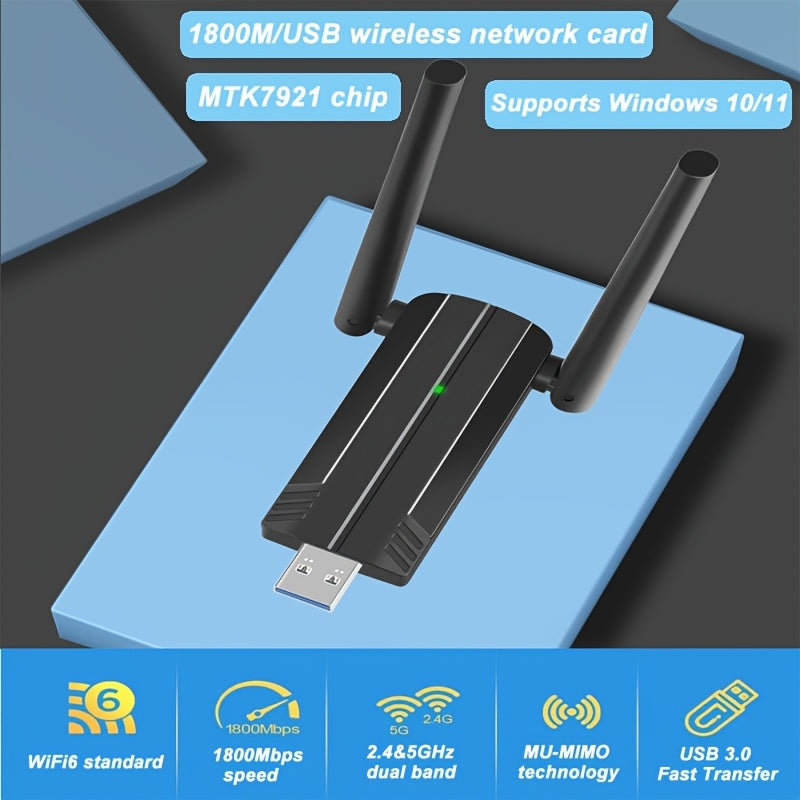 Adaptador de Red sin varillas WiFi6 1x USB 3.0 1800Mbps, Adaptador USB WiFi 802.11ax con Interfaz Super USB 3.0, Antena Externa de Alta Ganancia, Doble Banda 5.8G/2.4G, Receptor/Transmisor, Compatible Solo con Windows 10/11