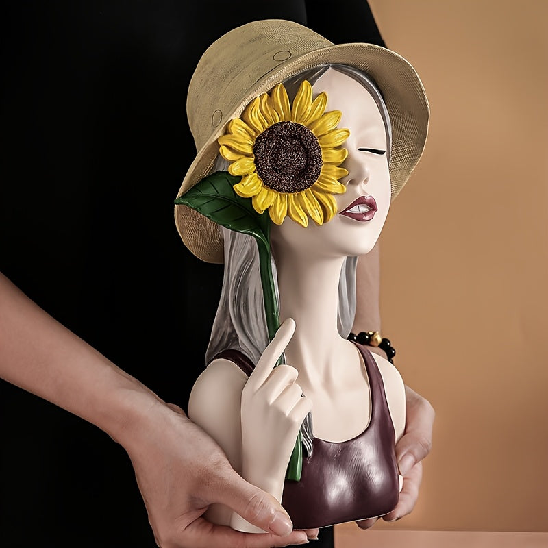 Moderna figura de girasol de resina de lujo para niña, decoración creativa de interiores para sala de estar, mueble de TV, mueble de vino, entrada - No necesita electricidad, elegante artesanía de adorno para el hogar