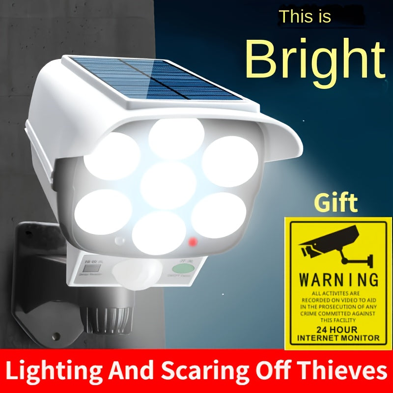 2 piezas de luz blanca 77LED - Luces de vigilancia solar simulada para exteriores, iluminación de emergencia con sensor de movimiento, batería de litio de 1200mAh | Desde el atardecer hasta el amanecer | Con función de sensor de cuerpo humano | No se req