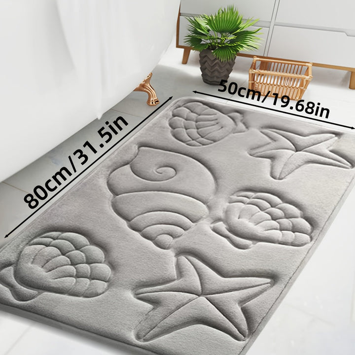 Alfombra de baño de felpa coral suave con memoria - Secado rápido, antideslizante, lavable a máquina con diseño de conchas y estrellas de mar para decoración de baño, dormitorio, cocina y lavandería, alfombra de baño