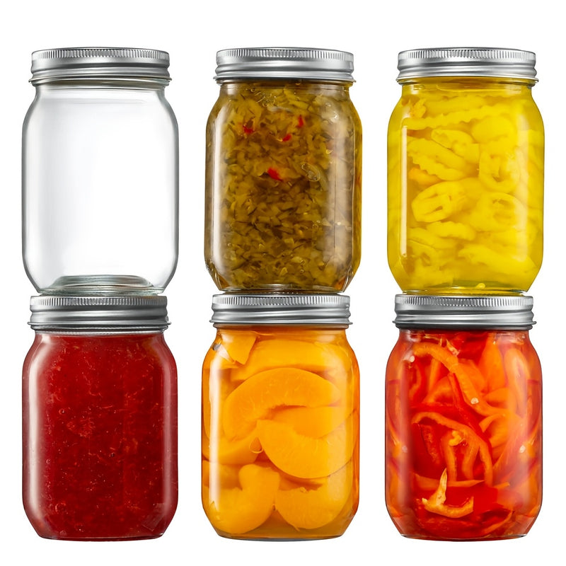 16 oz. Frascos de vidrio redondos Mason con tapas metálicas abatibles, herméticos, aptos para congelador, lavables a mano, ideales para enlatar, conservar, preparar comidas, almacenar granos - No se necesita electricidad
