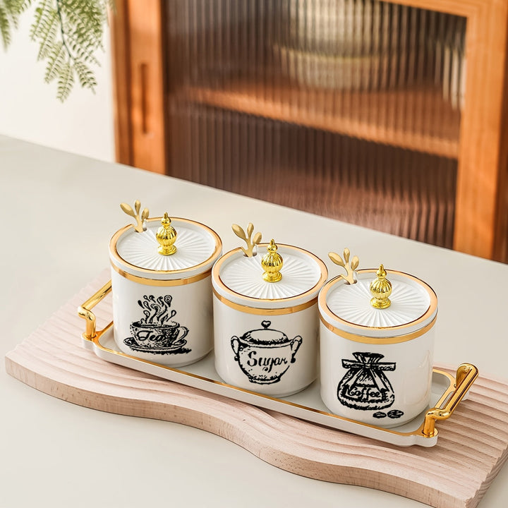 1 juego (1 plato, 3 latas, 3 cucharas) recipientes de almacenamiento para hogar, cocina y comedor, contenedores de especias, envases para alimentos, saleros, azucareros, condimentos, chile en polvo