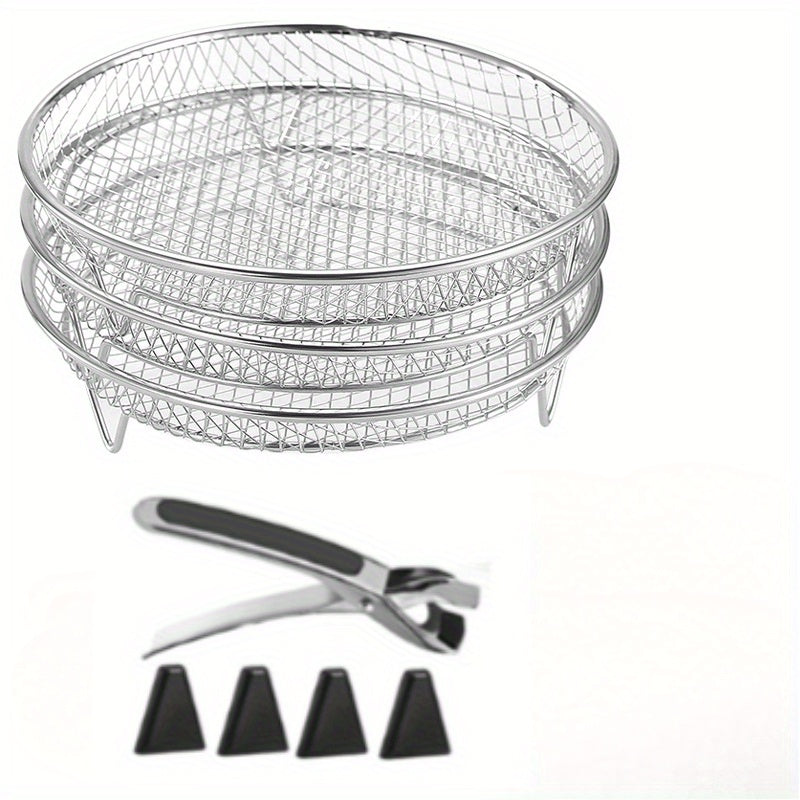 Juego de 8 piezas de accesorios para freidor de aire de acero inoxidable: soporte pila, pinzas y almohadillas de altura - Adecuado para cocinar saludable y deshidratar en freidor de aire de dos cestas, soporte de tres capas para freidor de aire, lavavaji