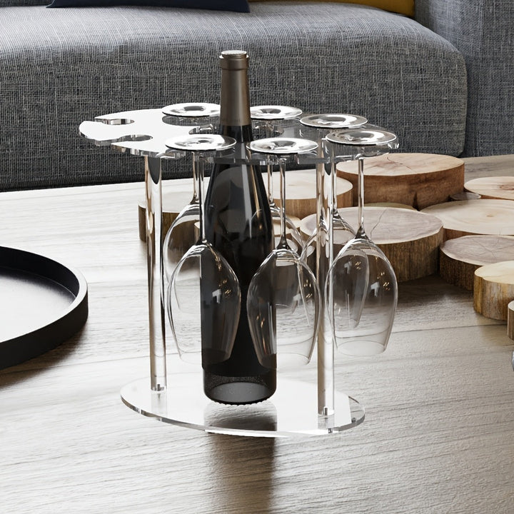 Elegante Soporte para Copas de Vino de Acrílico - Diseño de Vientre de Caballo, Acabado Antiguo, Estante Independiente para Copas con 6 Ganchos para Decoración de Hogar y Bar