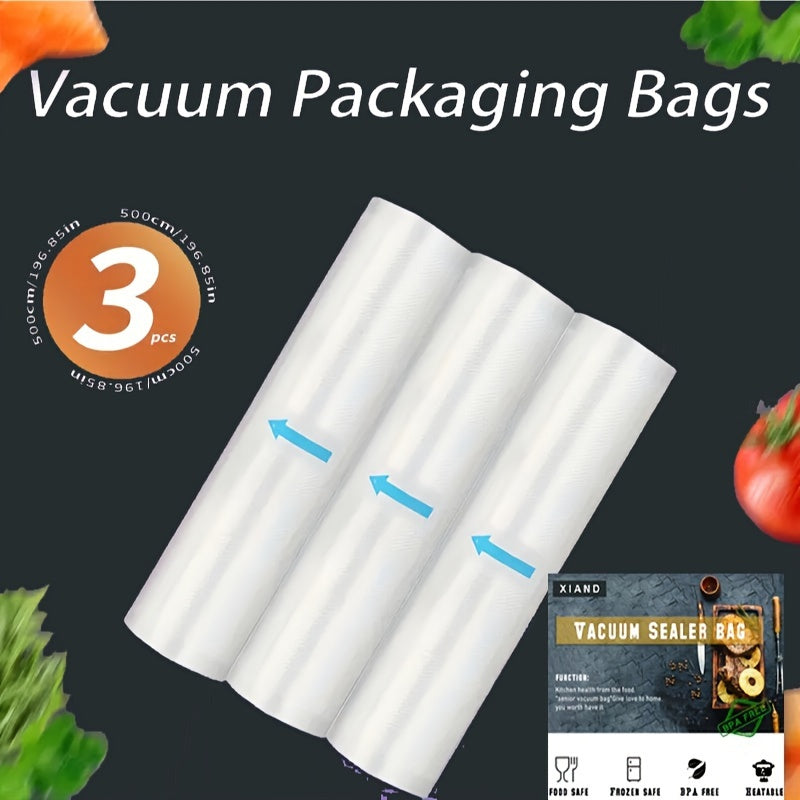 Bolsas de sellado al vacío de 3 paquetes para almacenamiento de alimentos, recipiente de plástico de un solo lado para verduras y frutas, no necesita electricidad, bolsas de conservación de frescura a prueba de fugas