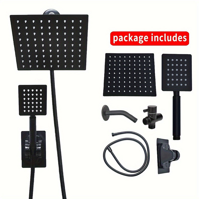 Juego de cabezal de ducha de lujo MLD con lluvia cuadrada y rociador de mano - Alta presión, manguera extra larga de 149.86 cm, desviador de 3 vías, montaje adhesivo y brazo extensible - Acabado negro elegante y plateado, soporte para cabezal de ducha, a