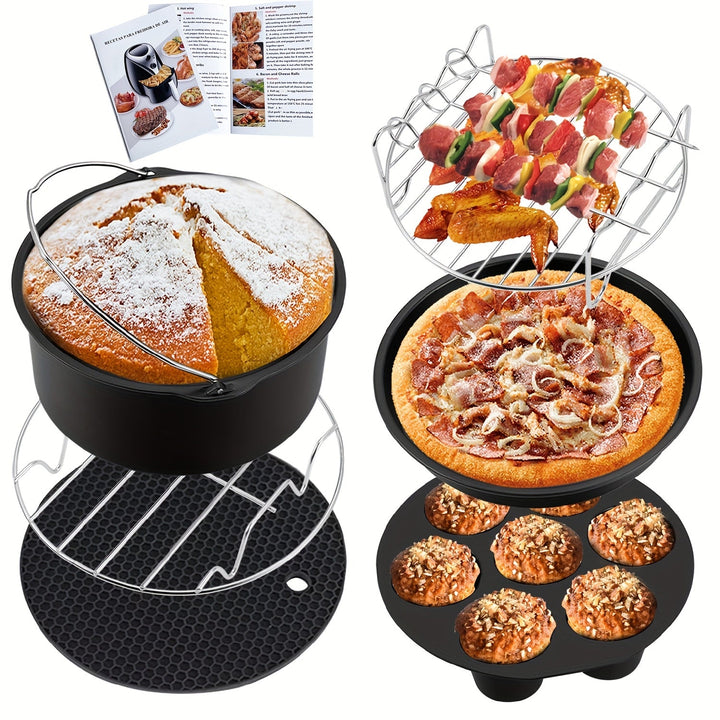 Kit de Accesorios para Freidora de Aire (para 3.7-5.8QT) - Incluye Bandeja Antiadherente de Pizza de 17.78cm, Molde para Pastel, Parrilla y Moldes de Silicona de 7 Cavidades - Aptos para Lavavajillas - Libro de Recetas Incluido - Herramientas para Hornea