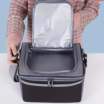 Lonchera térmica de doble capa, no para contacto con alimentos, gran capacidad, con correa para hombro y asa, resistente tela Oxford, ideal para el trabajo y la escuela, negra con detalles a rayas