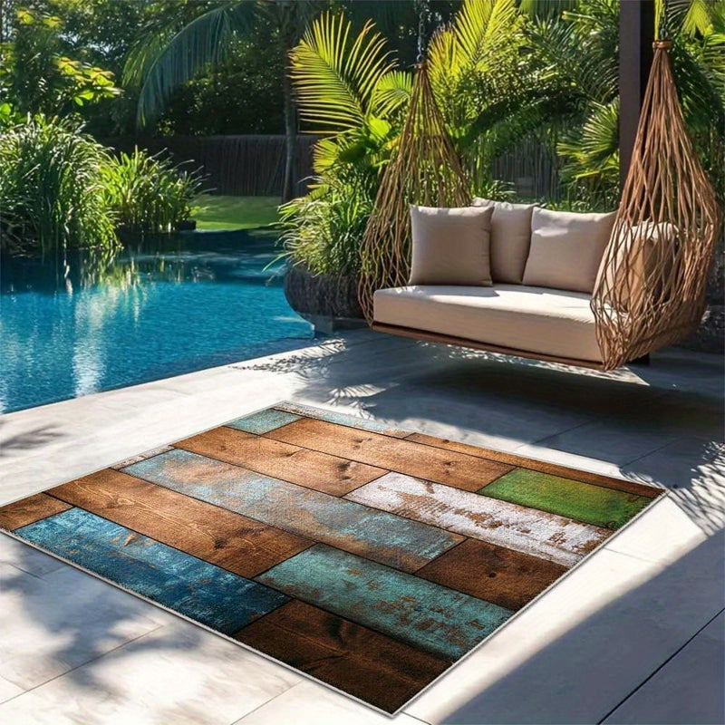 Alfombrilla de exteriores para áreas al aire libre con diseño geométrico abstracto, 7 estrellas, caza, alfombrilla gruesa, lavable en máquina, no resbala, poliéster, azul, beige, verde, patio, camping, decoración de patio, diseño geométrico abstracto, al