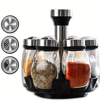 Organizador de especias giratorio 360°, juego de 6/12 frascos con acabado metálico pulido y recipientes de vidrio para rellenar especias, ideal para cocina, alacena o mostrador
