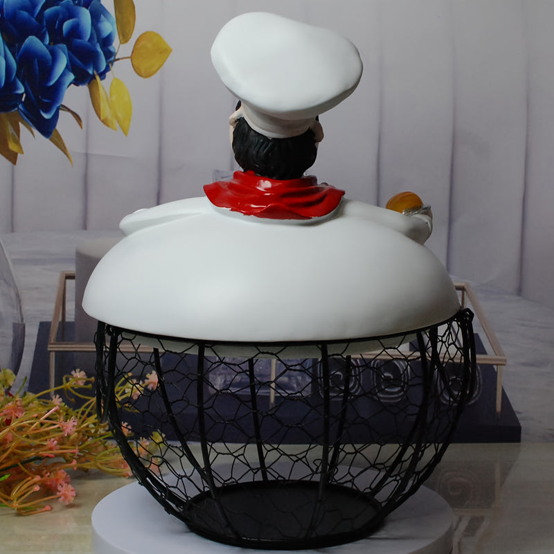 Cesta de almacenamiento de huevos de metal con temática de chef con tapa, organizador decorativo de encimera de cocina, seguro para el contacto con alimentos - 1 pieza