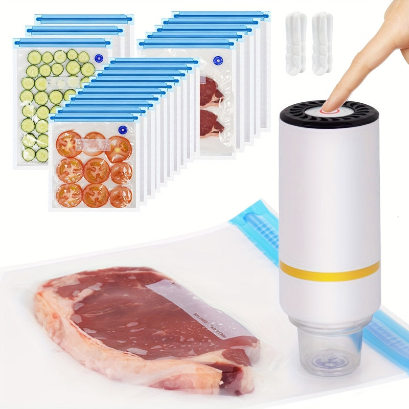 22P/7P Máquina de aspiración eléctrica inalámbrica + 19 piezas de bolsas de sellado de vacío reforzadas (Grande/Mediana/Pequeña) + 1 taza deshumidificadora + 2 clips de sellado | Modo de extracción seco y húmedo de un solo botón | Artefacto de conservaci