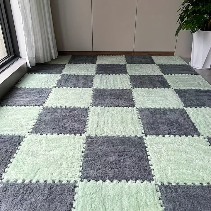 Conjunto de 24 alfombras geométricas de felpa, alfombra de suelo cuadrada de pelo bajo, poliéster lavable y EVA, hecha a máquina, alfombra de dormitorio interior para sala de estar, apta para mascotas, decoración temática navideña