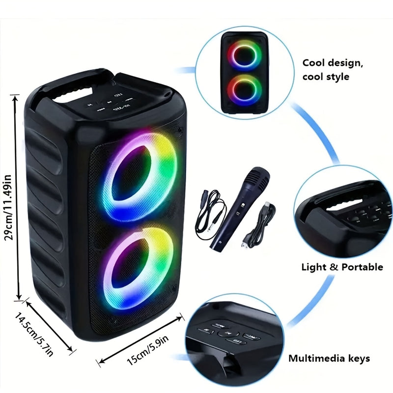 Altavoz inalámbrico portátil con micrófono, luces LED y batería de litio de 2400 mAh, perfecto para fiestas en casa y camping al aire libre.