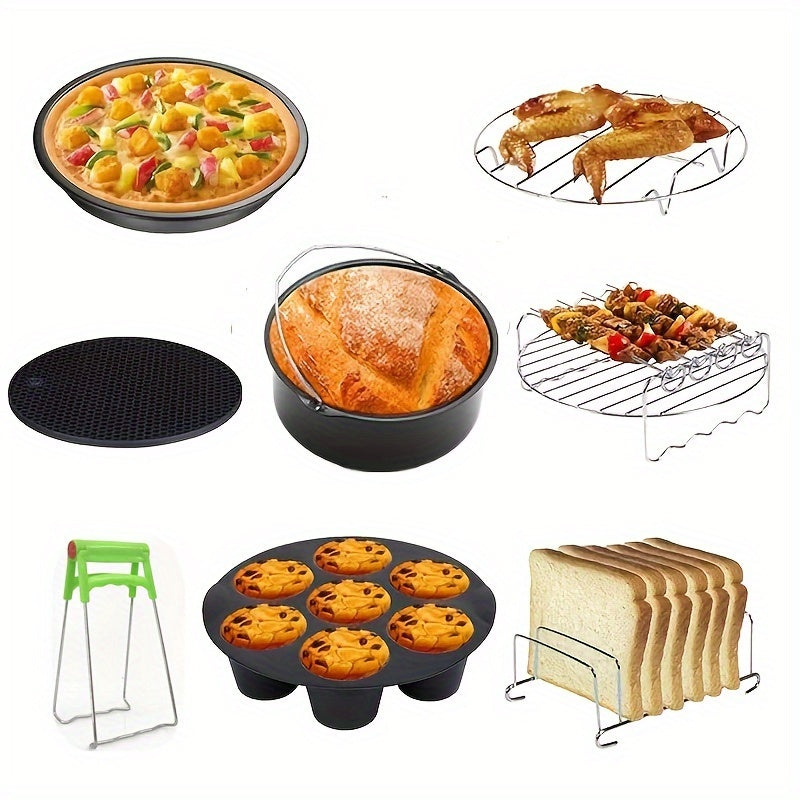 Conjunto de 8 accesorios para freidora de aire - Acero inoxidable, seguro para el contacto con alimentos, incluye barril para pasteles, molde para pizza, rejilla para brochetas, molde para muffins, tapete de silicona - Compatible con freidoras de aire CO