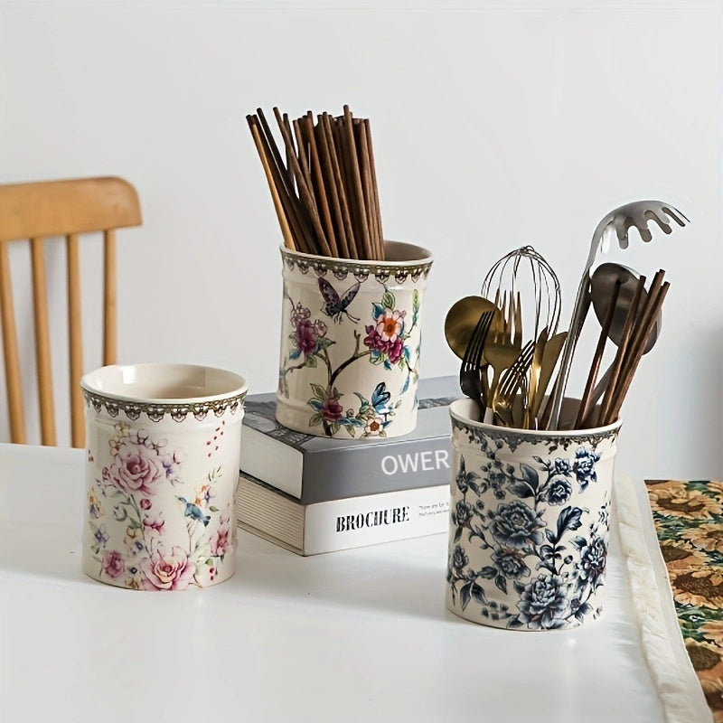 Juego de porta utensilios de cerámica de estilo europeo para cocina - Set decorativo de diseño floral para cubiertos, cuchillos, tenedores, cucharas y palillos organizadores