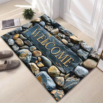Tapete elegante de bienvenida con diseño de piedras en 2D, rectangular de poliéster de 6 mm de grosor, estampado de piedra, antideslizante, lavable a máquina, ideal para entrada, sala, baño o balcón, decoración artística de lujo para interiores