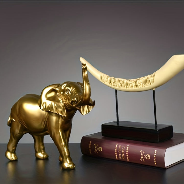 Figura de Elefante Dorado de Madre y Crías - Decoración de Resina para Sala de Estar, Entrada, Estantería - Regalo Perfecto para Acción de Gracias