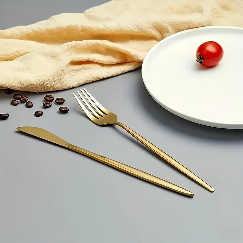 Juego de Vajilla Portuguesa de Acero Inoxidable de 24 Piezas en Caja Dorada con Madera, Incluye Cuchillo para Bistec, Tenedor, Cuchara, etc. Ideal para Hogar, Cocina, Restaurante, Fiesta, Boda y Festivales, Cucharita para Café, Cucharita para Postre