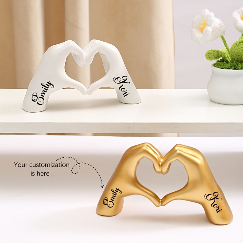 Figurita de resina personalizable con manos de corazón - Texto personalizado "Te amo" - Ideal para decoración del hogar, aniversarios, Día de San Valentín, Día de la Madre, Día del Padre - Uso interior, no necesita energía, lo mejor para Navidad