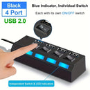 Puente USB 2.0 de 4 puertos con adaptador de alimentación, transmisión de alta velocidad, interruptor independiente y indicadores LED, adecuado para portátiles, Xbox, unidades flash, discos duros, consolas, impresoras, PCs, teclados, unidades flash USB y