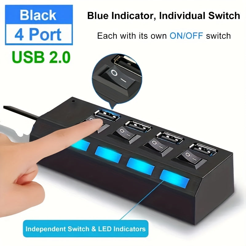Puente USB 2.0 de 4 puertos con adaptador de alimentación, transmisión de alta velocidad, interruptor independiente y indicadores LED, adecuado para portátiles, Xbox, unidades flash, discos duros, consolas, impresoras, PCs, teclados, unidades flash USB y