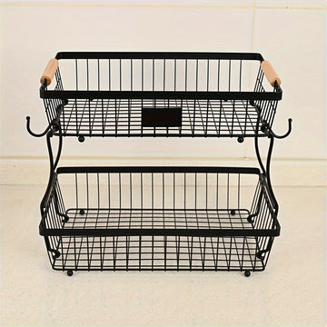 Cesta de frutas de 2 niveles con ganchos para plátanos - Estante de almacenamiento de alambre negro duradero para encimera de cocina, perfecto para frutas, verduras, snacks, café, cuidado de la piel y toallas, solución de almacenamiento de cocina | Acces
