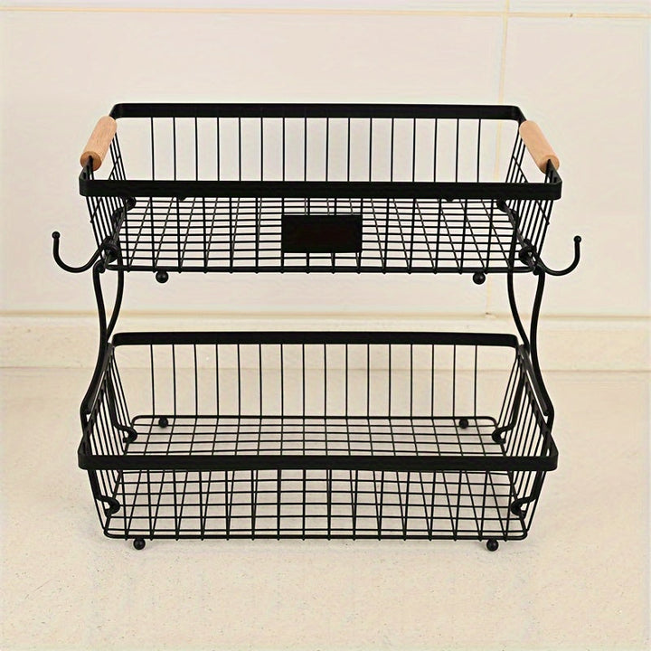 Cesta de frutas de 2 niveles con ganchos para plátanos - Estante de almacenamiento de alambre negro duradero para encimera de cocina, perfecto para frutas, verduras, snacks, café, cuidado de la piel y toallas, solución de almacenamiento de cocina | Acces