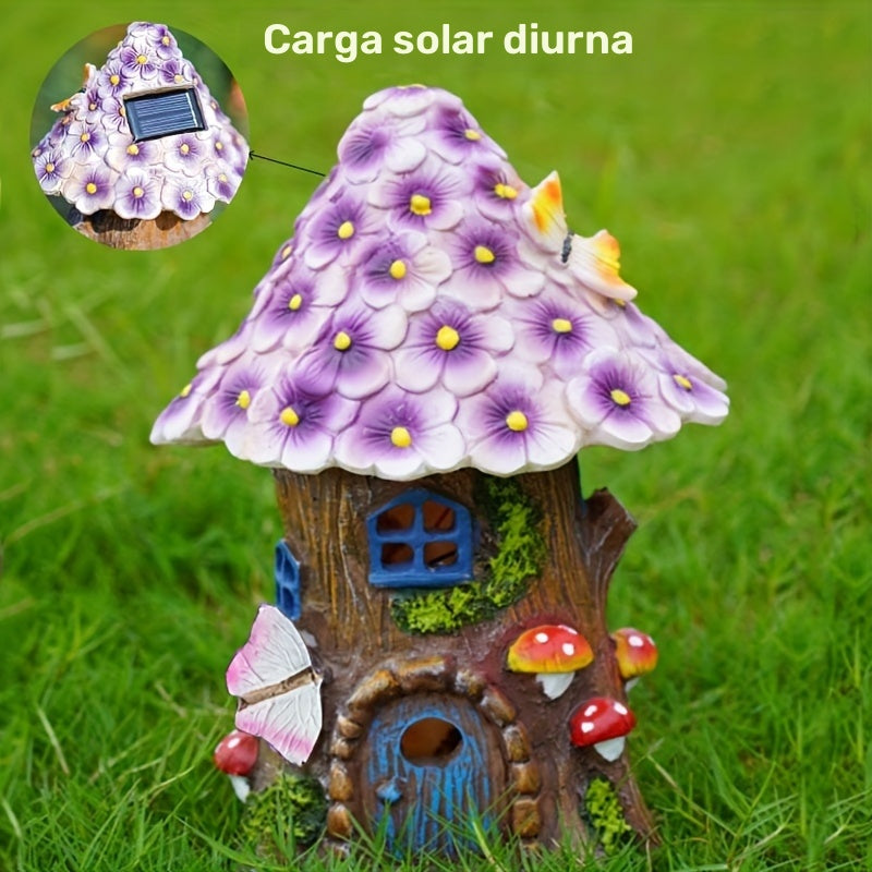 1pc ZYLIWOO Casa de hada de resina solar, luz de jardín eficiente en energía, decorativa figurita de LED de paisaje con patrón de flor, acabado de encaústica, césped exterior, patio, decoración de Halloween para patio trasero