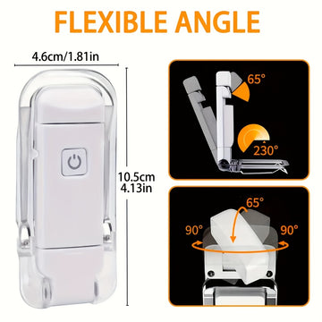 1 lámpara de lectura USB mini, portátil, plegable, con protección para los ojos, 3 niveles de brillo ajustable, luz cálida y fría, con clip para libros, diseño ahorrador de espacio, recargable, ideal para lectura nocturna, trabajo, dormitorio o residenci