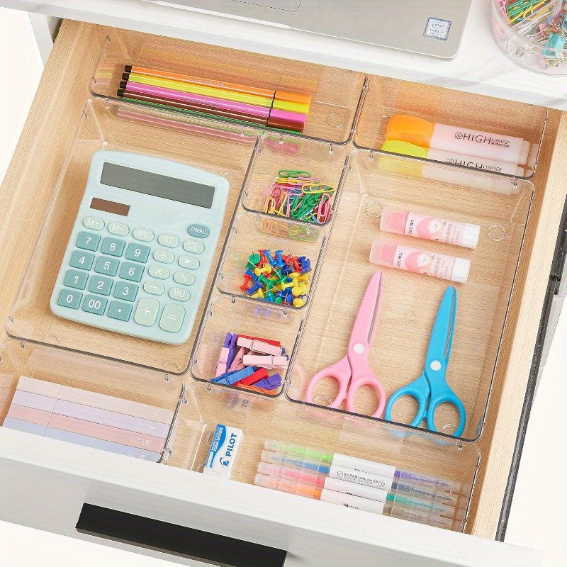 Juego de 25 piezas de organizadores de cajones de plástico transparente, 4 tamaños versátiles para baño y tocador, bandejas de organización para maquillaje, dormitorio, gadgets de cocina, utensilios y oficina.