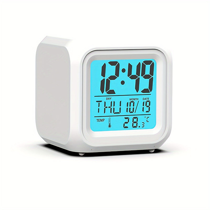 Reloj Despertador Digital LED de Colores con Visualización de Temperatura - Silencioso, Luminoso, Diseño Cuadrado, Pronóstico Meteorológico de 7 Días, Mostrador de Fecha y Hora, Funciona con Pilas AAA (Pilas No Incluidas), Relojes para Dormitorios