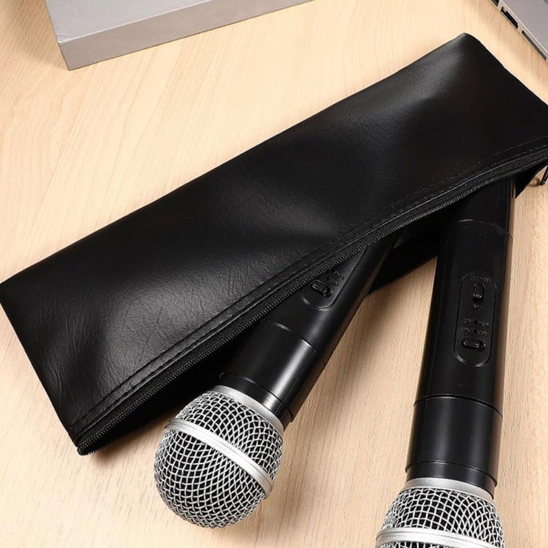 Bolsa de almacenamiento de micrófono de cuero sintético negro con cremallera - Estuche protector de choque para micrófonos inalámbricos y con cable, diseño compacto para un fácil transporte, estuche de almacenamiento de micrófono, cierre de cremallera se