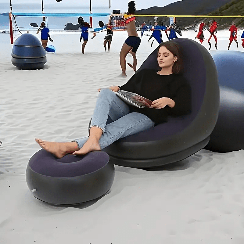 Un conjunto de sillones de sofá inflables con un otomano, una silla de salón plegable para exteriores, un sofá de felpa perezoso, una cama de sofá inflable gruesa para dormir y una silla de salón inflable portátil.