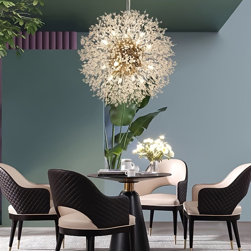 1 lámpara de cristal dorado de lujo, diseño moderno de diente de león, cable ajustable para suspensión, estructura metálica, ideal para sala, comedor, dormitorio o cocina, incluye 8 cabezales G9 (bombillas no incluidas, compradas por separado)