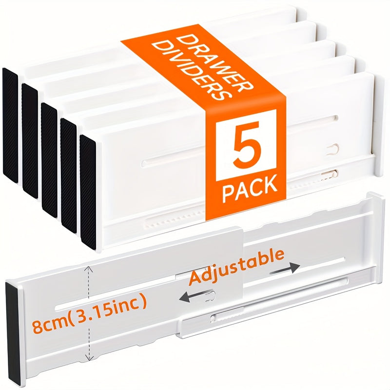 5 piezas de Divisores Ajustables y Extensibles para Cajones - Organizadores Duraderos de Plástico para Utensilios de Cocina, Ropa, Herramientas - Altura de 8.0 cm, Ancho Ajustable (27.0 cm - 44.98 cm), Blanco, Organizador de Cajón de Cocina