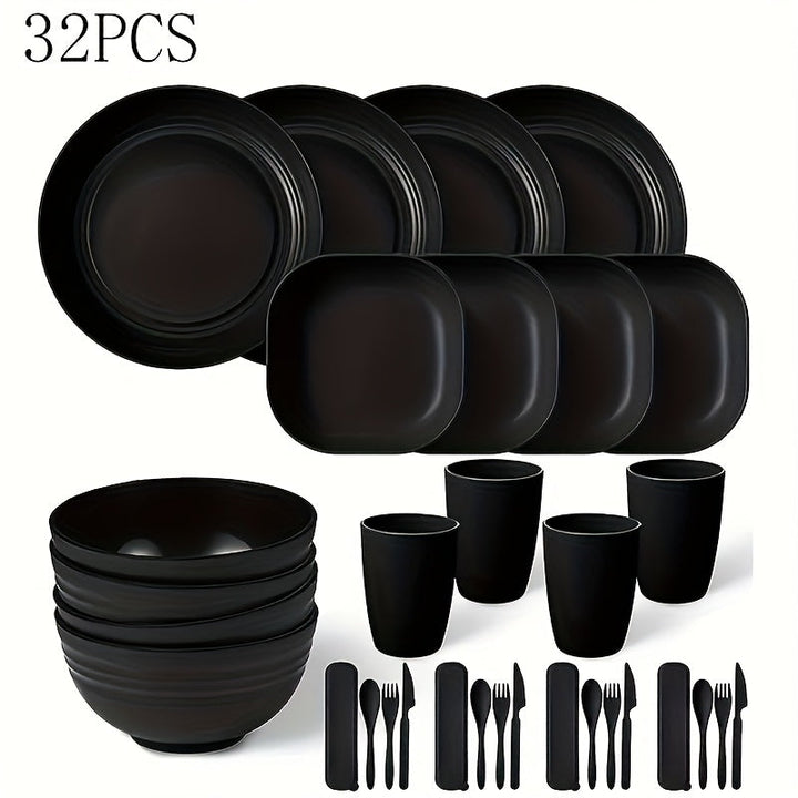 Juego de Vajilla Elegante de Plástico Negro de 32 Piezas - Incluye Platos, Cuencos, Tazas, Tenedores, Cucharas, Cuchillos - Reutilizable y Apto para Microondas - Ideal para el Hogar, Picnics, Regalos - Diseño Redondo Elegante Perfecto para Celebraciones
