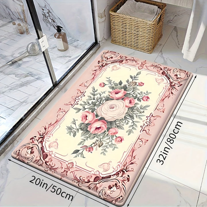 1pc Alfombra decorativa absorbente para cocina, baño y sala de estar de estilo campestre francés, lavable en máquina con respaldo de PVC antideslizante y alfombra de poliéster de 600gsm, rectangular, para entrada