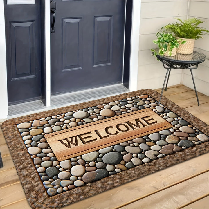 1 Alfombra de Bienvenida Antideslizante para Puerta - Diseño Duradero y Lavable en Máquina con Estampado de Piedra y Textura de Madera - Ideal para Decoración Rústica, Uso Todo el Año, Material de Poliéster, Entrada Acogedora | Aspecto Natural con Diseño