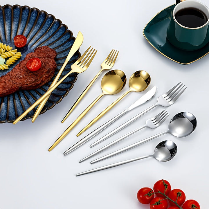 Juego de cubiertos de acero inoxidable de 30 piezas, incluyendo cuchillo de bistec, tenedores, cucharas y cucharadita, tenedores de cena, cucharas de cena, tenedores de frutas, cucharita pequeña para postre, cucharita de café, apto para lavavajillas, pul