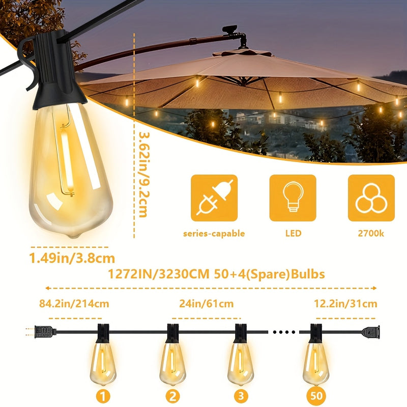 Luces de cuerda ST38 para exteriores, 106 pies, 50+4 bombillas LED regulables, resistentes al agua, amarillo brillante 2700K, enchufe US 110-130V, candelabro semiempotrado para patio, bistro, fiestas, bodas, jardín, gazebo, terraza, porche - No requiere