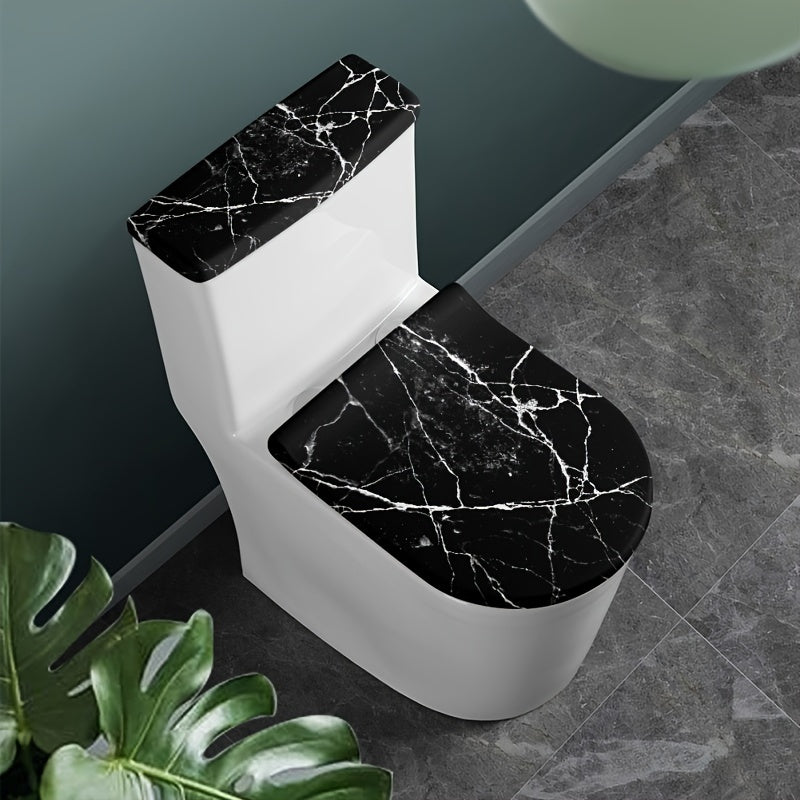 1 Juego De 2 Piezas, Tapas De Inodoro Con Diseño De Mármol De Color Negro, Decoración Elástica Para Baño, Se Adapta A La Mayoría De Los Tanques Y Tapas De Inodoro Redondos Y Alargados, Ideal Para Uso Para El Hogar Y En Autocaravanas