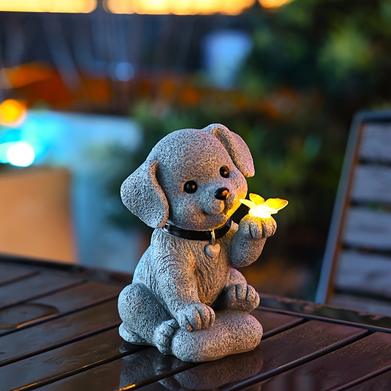 Estatuilla solar de cachorro con jardín de mariposas, decoración exterior en resina azul para patio, balcón o porche, incluye panel solar, resistente a la intemperie y diseño de alta calidad