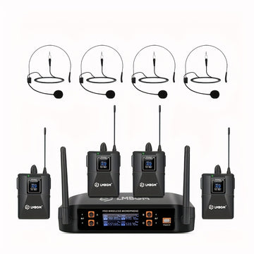 Sistema de micrófono inalámbrico LMBGM Pro 4 canales 4 Bodypacks Lavalier 4 Micrófonos de solapa 4 Auriculares para sistema de karaoke Iglesia Hablando Conferencia Boda Fiesta.